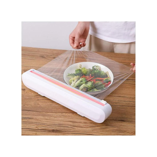 Dispenser og skær til plastfolie