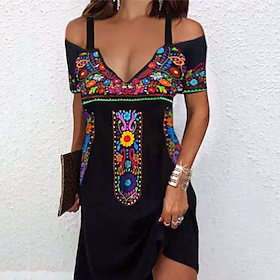 Dame Etnisk kjole Boho-kjole Mini kjole Svart Kortermet Blomstret Kald skulder Vår Sommer Spagettistropper Bohem Feriereise Helg Løstsittende 2023 S M L XL XXL