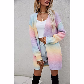 Dame Cardigan Genser Jumper Strikke Tunika Strikket Fargeblokk Åpen Forside Grunnleggende Stilfull Daglig Ferie Drop Shoulder Høst Vår Blå Rosa S M L / Langerm
