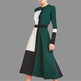 Dame Arbeidskjole Swingkjole Smaragdgrønn kjole Midikjole Grønn Langermet Fargeblokk Trykt mønster Vinter Høst Crew-hals Stilfull Vinter kjole Helg Høst kjole