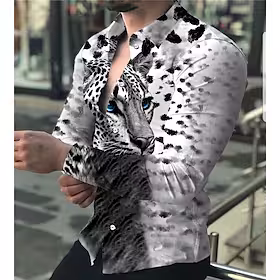 Herre Skjorte Grafisk skjorte Dyr Leopard Aftæpning Hvit 3D-utskrift Daglig Ferie Langermet 3D-utskrift Knapp ned Klær Mote Designer Fritid Pustende