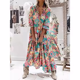 swingkjole for kvinner boho kjole regnbue lange ermer lappeteppe høst vår høst v-hals vinterkjole høstkjole 2023 s m l xl xxl