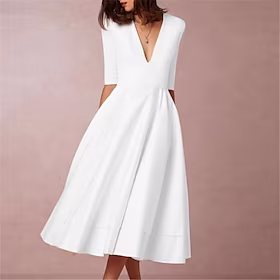 kvinners semiformelle festkjole swingkjole midikjole grønn hvit halvermet ren farge rynket høst vår dyp v hot elegant slim 2023 s m l xl xxl 3xl / bryllupsgjes