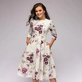 Dame Floral kjole Kirkekjole Midikjole Lilla Blå Hvit Rød 3/4 ermer Blomstret Trykt mønster Høst Vår Crew-hals Formelt Bryllup Bryllupsgjest Helg 2023 S M L XL