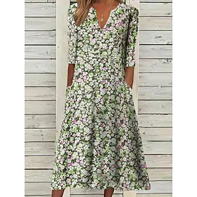 kvinners en linje kjole midikjole grønn halvermet blomstret rynket trykk vårsommer v-hals stilig uformell moderne 2023 s m l xl xxl 3xl