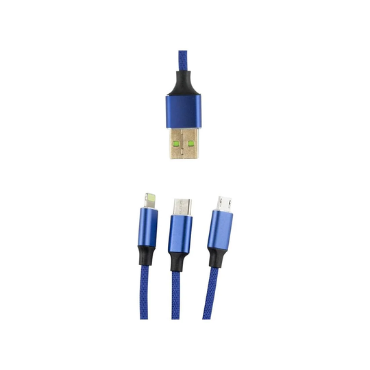 3 in 1 Micro-USB, Type-C, Lightning to USB 1,2m - Blå