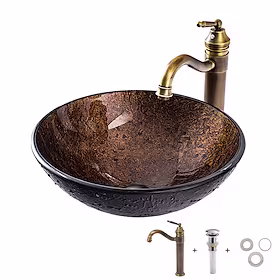 baderomsvask krandress med messing monteringsring antikk, herdet glass rund karvask og sinklegering buet kran