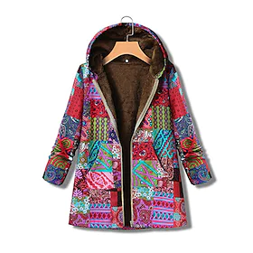 Dame Vinterjakke Sherpa jakke Fleece-jakke Teddyfrakk Daglig Valentinsdag Vinter Høst Normal Frakk Normal Fritid Retro Rød Jakker Langermet Batikkfarget Trykt