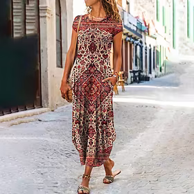 Dame Uformell kjole Etnisk kjole Skiftkjole Lang kjole Maxikjole Svart Rød Blå Kortermet Blomstret Lomme Vår Sommer Crew-hals Fritid Helg 2023 S M L XL XXL 3XL