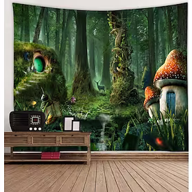 veggteppe kunst dekor teppe gardin piknik duk hengende hjem soverom stue sovesal dekorasjon tegneserie fantasy eventyr sopp skog hus