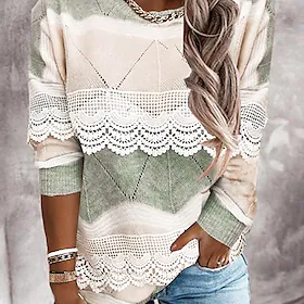 Dame Pullover genser Jumper Riflet Strikke Strikket Blonder Blomstret Crew-hals Stilfull Fritid utendørs Daglig Vinter Høst Grønn Blå S M L / Langermet