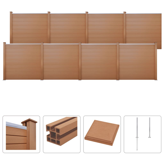 vidaXL hegnssæt WPC 8 firkantede 1401 x 187 cm brun