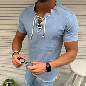 Herre Skjorte Jeansskjorte Chambray skjorte Sommerskjorte Grafiske trykk Opprett krage Navyblå Mørkegrå Lyseblå Avslappet Daglig Kortermet Snorer Klær Mote Fri