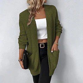 Dame Pullover genser Jumper Heklet Strikke Lomme Strikket Ren farge Åpen Forside Stilfull Fritid Daglig Ferie Vinter Høst Militærgrønn Grå S M L / Langermet /