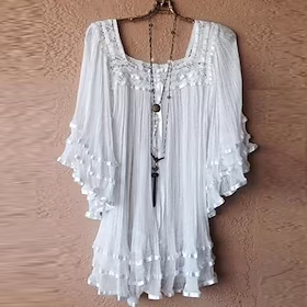 Dame Pluss størrelse Topper Bluse Skjorte عادي Blonde Halvlange ermer Firkantet hals Fritid Ferie Daglig Feriereise Polyester Høst Vår Gul Hvit / Helg / Store