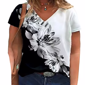 Dame Pluss størrelse Topper T skjorte Blomstret Sommerfugl Trykt mønster Kortermet V-hals Gatemote Daglig Feriereise Polyester Vår Sommer Hvit Svart / Store st