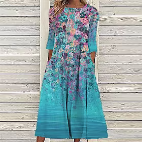 Dame Uformell kjole Skiftkjole Midikjole Blå 3/4 ermer Blomstret Rynket Høst Vår Rund hals Ferie 2023 S M L XL XXL 3XL