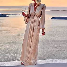 Dame Festkjole Paljettkjole Swingkjole Lang kjole Maxikjole Beige Langermet Ren farge Paljetter Vinter Høst V-hals Elegant Fest Vinter kjole Aftenselskap Tynn