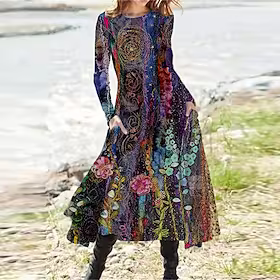Dame Uformell kjole Etnisk kjole Swingkjole Midikjole Lilla Langermet Blomstret Lomme Vinter Høst Crew-hals Ferie Vinter kjole Høst kjole 2023 S M L XL XXL 3XL