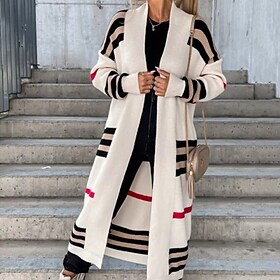 Dame Cardigan Genser Jumper Riflet Strikke Strikket Stripet Åpen Forside Stilfull Fritid utendørs Daglig Vinter Høst Kamel Beige S M L / Langermet / Ferie / No