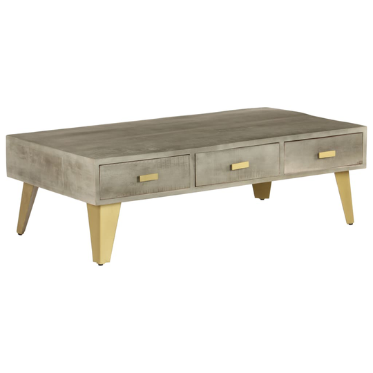 vidaXL sofabord massivt mangotræ med messing 110 x 60 x 35 cm grå