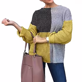 Dame Pullover genser Jumper Riflet Strikke Lapper Strikket Fargeblokk Crew-hals Stilfull Fritid utendørs Ferie Vinter Høst Grå S M L / Langermet / Normal