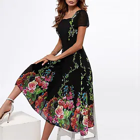 Dame Uformell kjole Swingkjole Midikjole Svart Rosa Blå Kortermet Blomstret Trykt mønster Vår Sommer Crew-hals Elegant 2023 S M L XL XXL 3XL