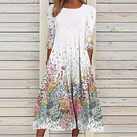 Dame Uformell kjole Skiftkjole Midikjole Hvit 3/4 ermer Blomstret Rynket Vinter Høst Rund hals Ferie 2023 S M L XL XXL 3XL