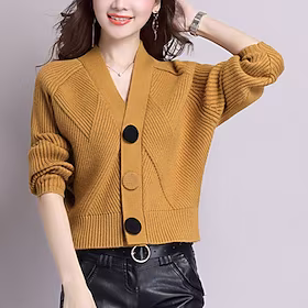 Dame Cardigan Genser Jumper Riflet Strikke Knapp Strikket Ren farge V-hals Stilfull Elegant utendørs Arbeid Vinter Høst Lilla Gul En Størrelse / Langermet / No