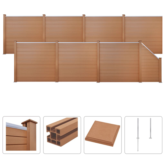 vidaXL hegnssæt WPC 7 firkantede + 1 skrå 1321 x 187 cm brun