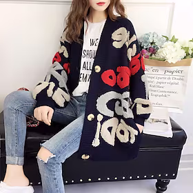 Dame Cardigan Genser Jumper Strikke Tunika Strikket Bokstaver Åpen Forside Stilfull Fritid utendørs Hjem Drop Shoulder Vinter Høst Kakifarget Rød En Størrelse