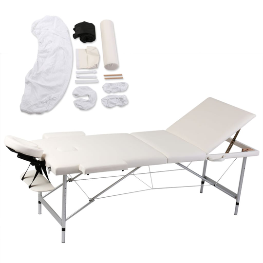vidaXL massagebord 3 zoner foldbart alustel cremefarvet + tilbehørssæt