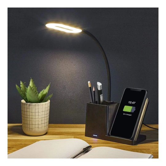 Bordlampe med mobiloplader og penneholder