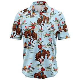 Herre Skjorte Hawaii skjorte Cowboyskjorte Grafiske trykk Cowboy Aftæpning Blå Gate Avslappet Kort Erme Knapp ned Trykt mønster Klær Tropisk Mote Hawaiisk Desi