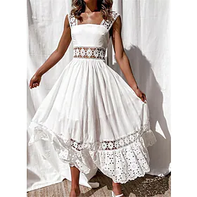 kvinners festkjole blondekjole svingkjole lang kjole maxi kjole hvit ermeløs ren farge blonder vår sommer firkantet hals fest s m l xl xxl 3xl
