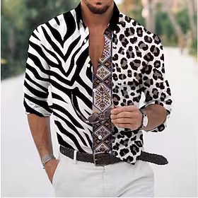 Herre Skjorte Grafisk skjorte Leopard Sebra Aftæpning Grønn Lilla Rosa Svart 3D-utskrift Daglig Ferie Langermet 3D-utskrift Knapp ned Klær Mote Designer Fritid