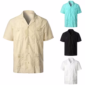 Herre Skjorte Skjorte med knapper Uformell skjorte Guayabera skjorte Sommerskjorte عادي Aftæpning Svart Hvit Vin Navyblå Blå utendørs Gate Kortermet Knapp Klær