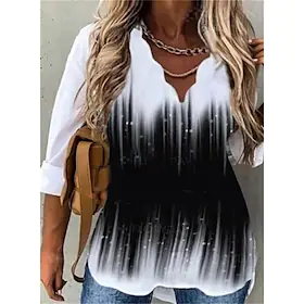 Dame Pluss størrelse Topper Bluse Skjorte Blomstret Fargegradering Trykt mønster 3/4 ermer V-hals Gatemote Daglig Feriereise Polyester Høst Vår Hvit Svart / Gr