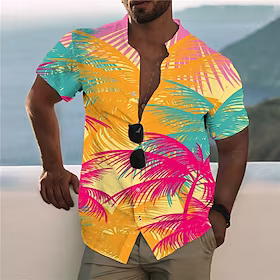 Herre Skjorte Hawaii skjorte Grafisk skjorte Aloha skjorte Kokosnøttre Høy krage Gul 3D-utskrift utendørs Avslappet Kortermet Knapp ned Trykt mønster Klær Mote