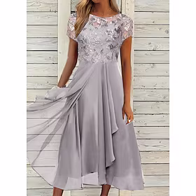 Dame Festkjole Swingkjole Midikjole Grønn lysegrå Kortermet Broderi Rynket Vår Sommer Crew-hals Moden Fest Bryllupsgjest 2023 S M L XL XXL 3XL