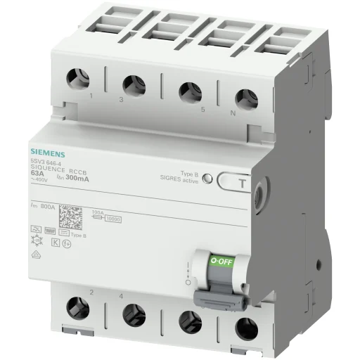 Reststrømsbryter RCCB PFI AC / DC 63A 4P 300mA, type B 5SV3646-4