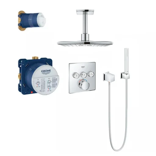 Grohe Grohtherm SmartControl Cube dusjsystem m/termostat, 3 ventiler, innbyggingsdeler & Rainshower SmartActive hodedusj 310x310 mm, krom