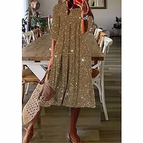 Dame Uformell kjole Skiftkjole Midikjole Blå Gull 3/4 ermer Fargegradering Rynket Vinter Høst Rund hals Ferie 2023 S M L XL XXL 3XL