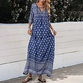 dameskiftkjole boho kjole lang kjole maxi kjole blå 3/4 lengde ermer snøring vinter høst høst v hals 2023 m l xl xxl 3xl