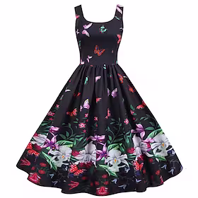 Audrey Hepburn Retro / vintage 1950-tallet Cocktail Kjole meksikansk A-linje kjole Blomstret kjole Dame Kostume Årgang Cosplay Cinco de Mayo Fiesta Ermeløs Kjo