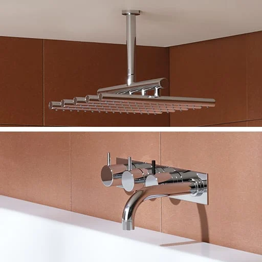 Vola 5414C-051A Grepsblander m/Termostat og Hoveddusj, Messing natur