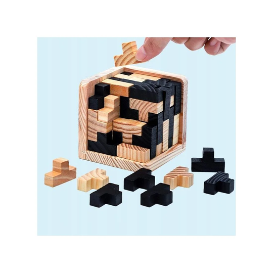 IQ-Puslespil i Træ, 3D - Terning - Sort