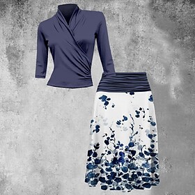 damekjolesett todelt kjoleskjørtsett daglig går ut stilig formell trykk midikjole v-hals 3/4-lengde ermer floral regular fit blå vinter høst s m l xl xxl