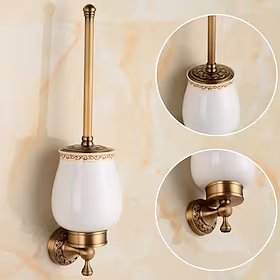 toalettbørste med holder, antikk messing keramikk veggmontert gummimalt toalettskål børste og holder for bad