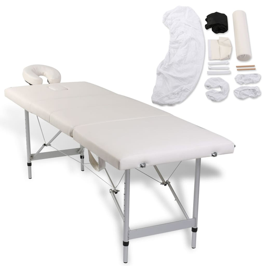 vidaXL massagebord 4 zoner foldbart alustel cremefarvet + tilbehørssæt